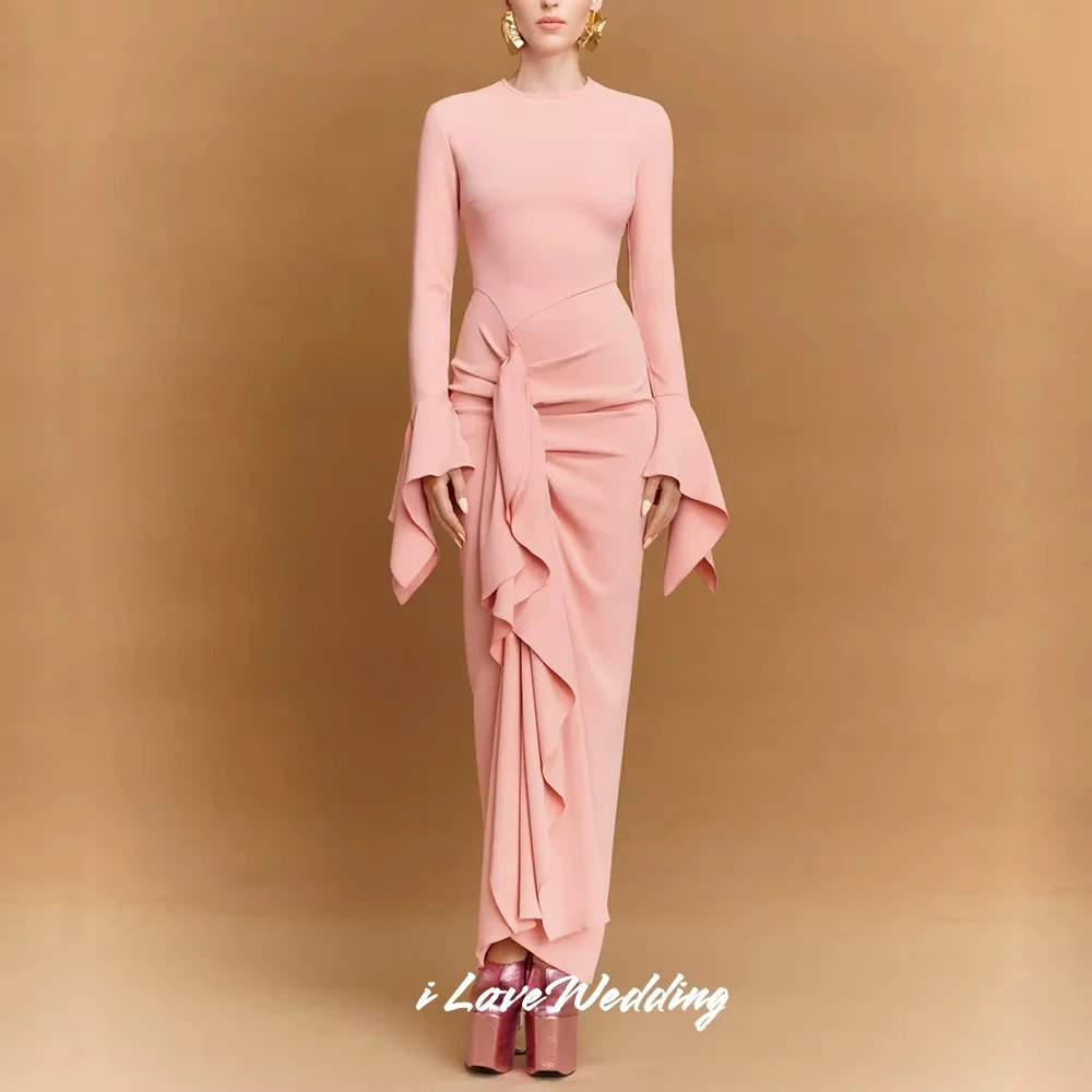 

Pink O-Neck Evening Dresses 2025 Long Sleeve Ruffle Mermaid Pleated Ankle-Length Long Elegant Wedding Guest Dresses Customized