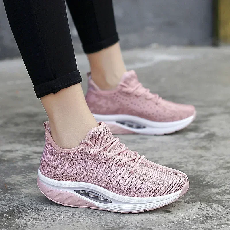 

Women Charm Air Cushion Sneakers Platform Wedge Shoes Size 42 Lace Up Soft Fly Knit Mesh Breathable Casual Sports Shoes 2024