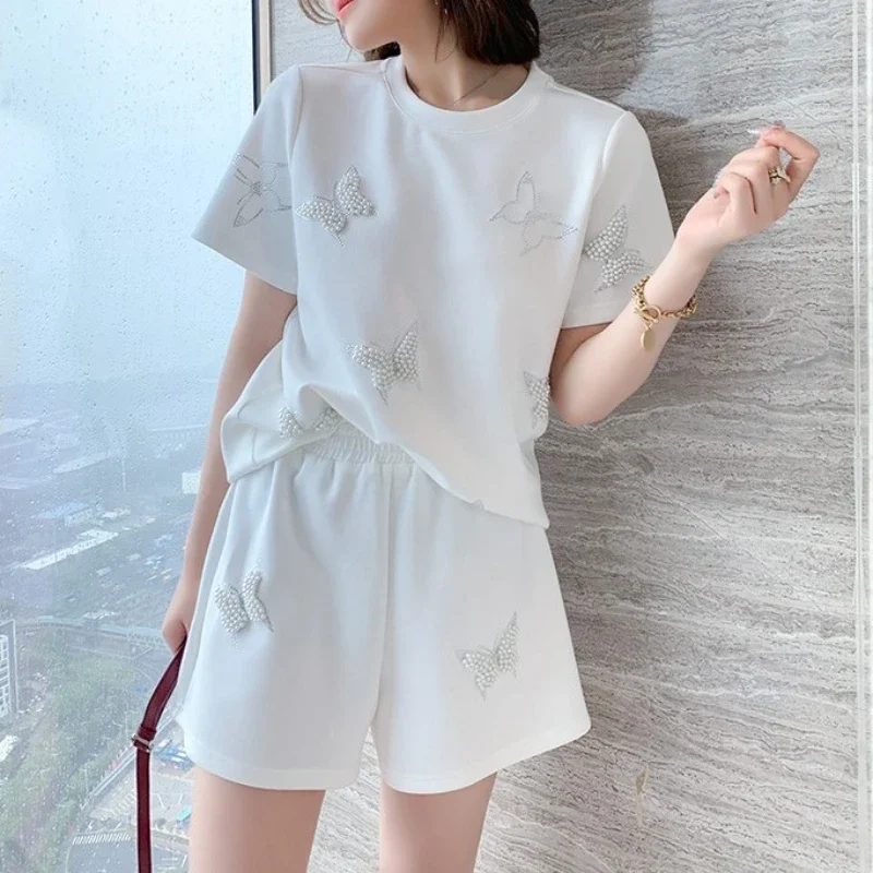 

Cotton Women's Short Sets 2 Pieces T Shirt Butterfly Loose Top and Bottom Luxury Tailorin Complete Two Full Light Female Shorts