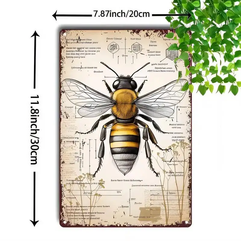 Vintage Yellow - Black Bee Science - Manuscript Metal Tin Sign (20x30cm) - Iron Wall Art with Botanical Design, Perfect for Kitc