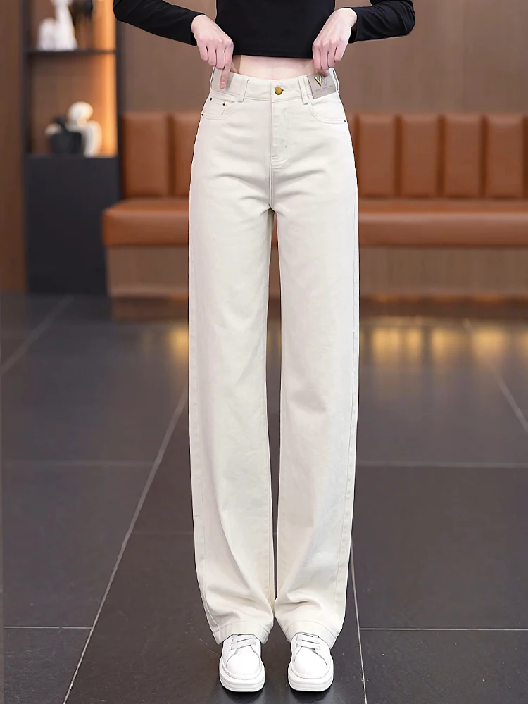 

Мягкие хлопковые джинсы с широкими штанинами, женские, с высокой талией, облегающие, цвета хаки, весна-осень, новый стиль, повседневные брюки прямого кроя