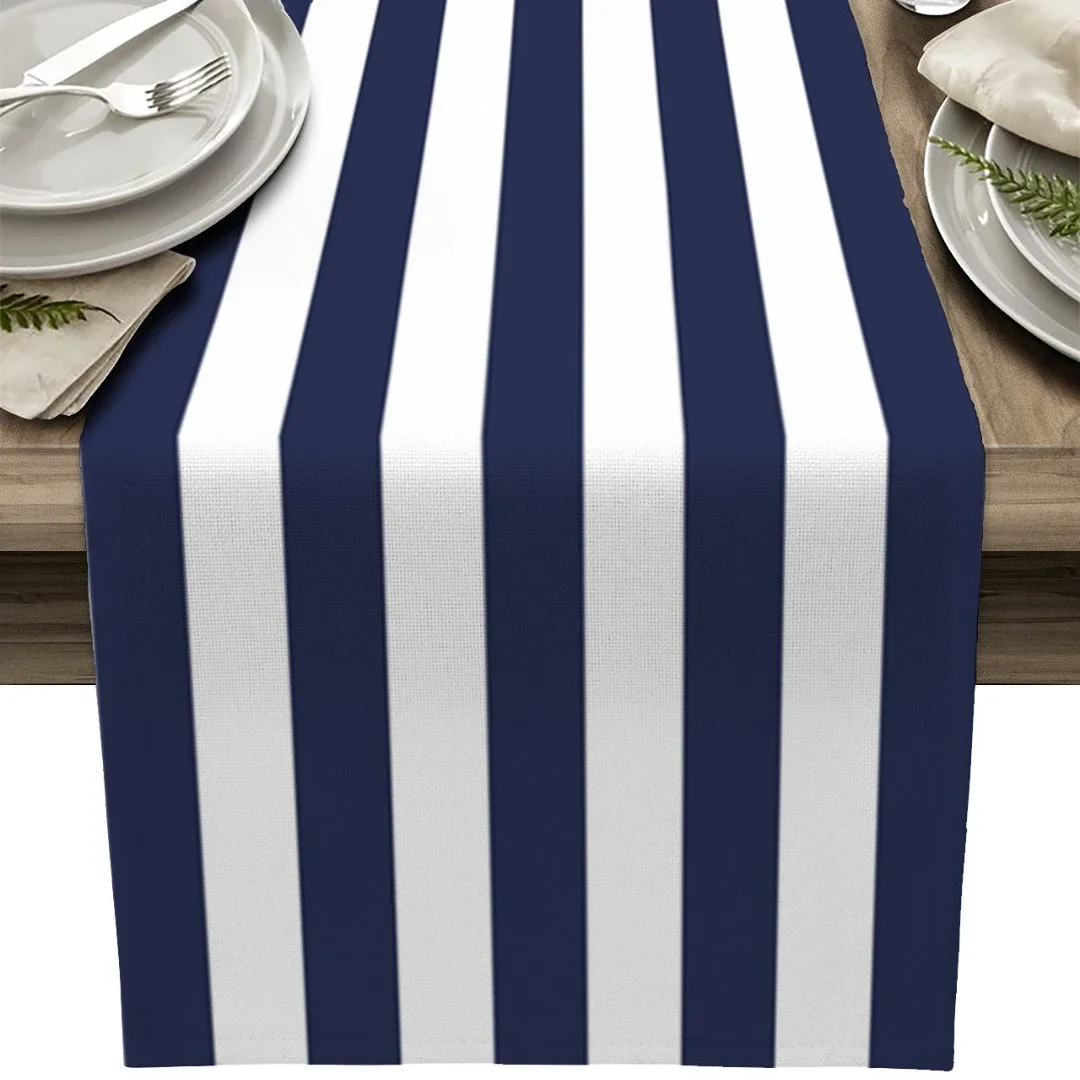 Navy Blue White Stripes Table Runner Home Wedding  Flag Mat  Centerpieces Decoration Party Dining Long cloth