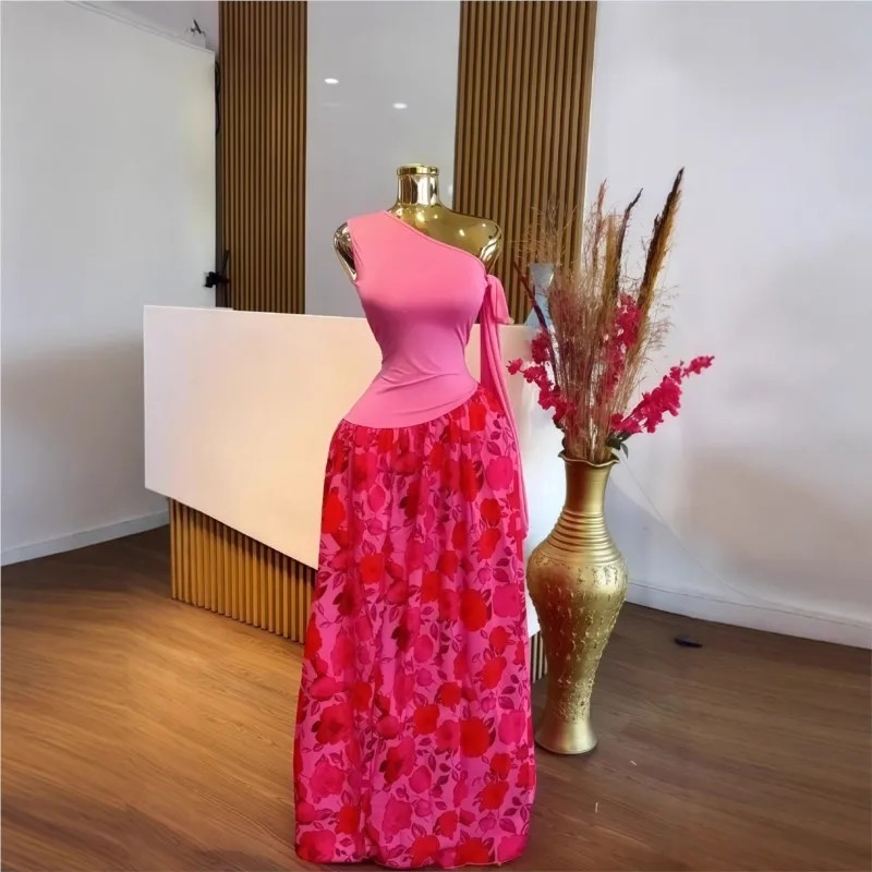 2025 Elegant Dress Temperament Vestidos Commuting Long Dresses Off Shoulder Patchwork Printing Strap Skew Collar Slim Sleeveless