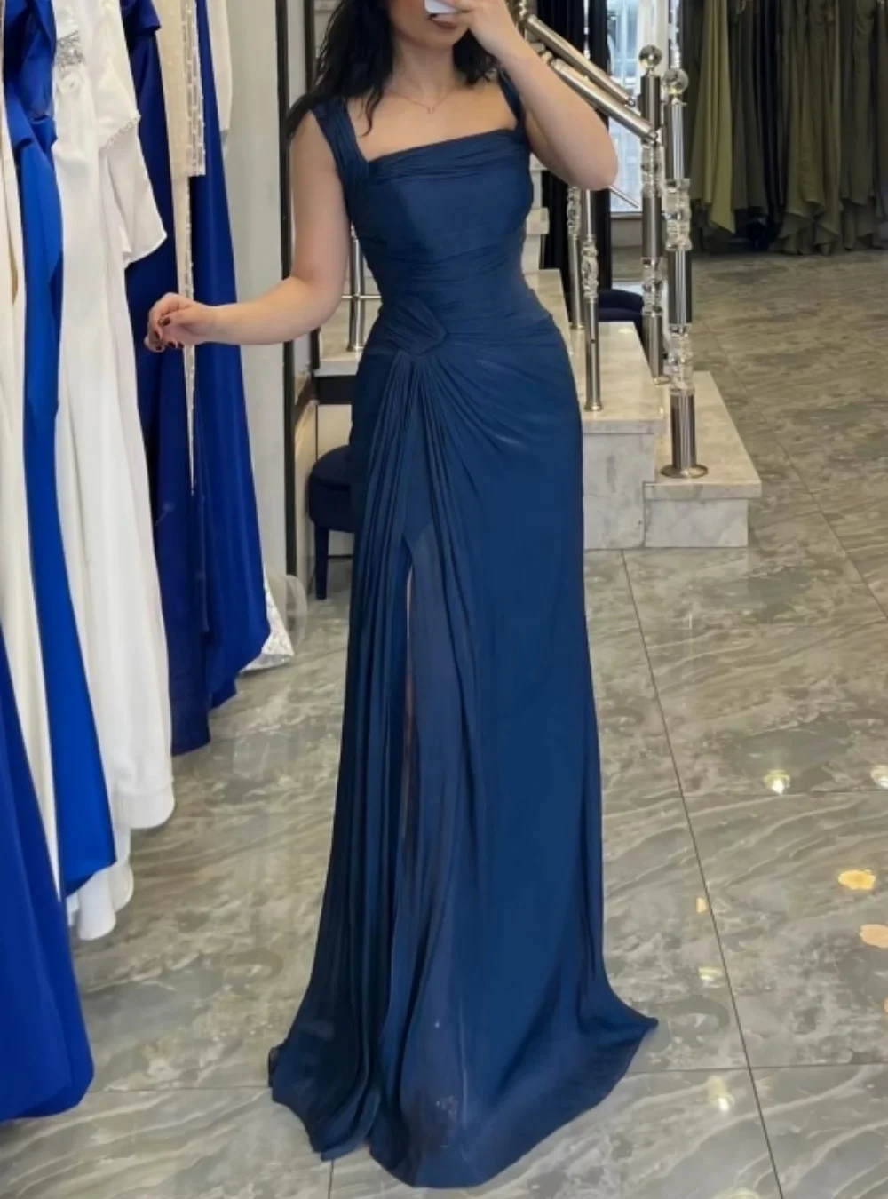 Blue Square Neck Prom Dresses Chiffon Sleeveless Spaghetti-Strap Pleated A-Line Evening Dress Wedding Party Dresses Customized