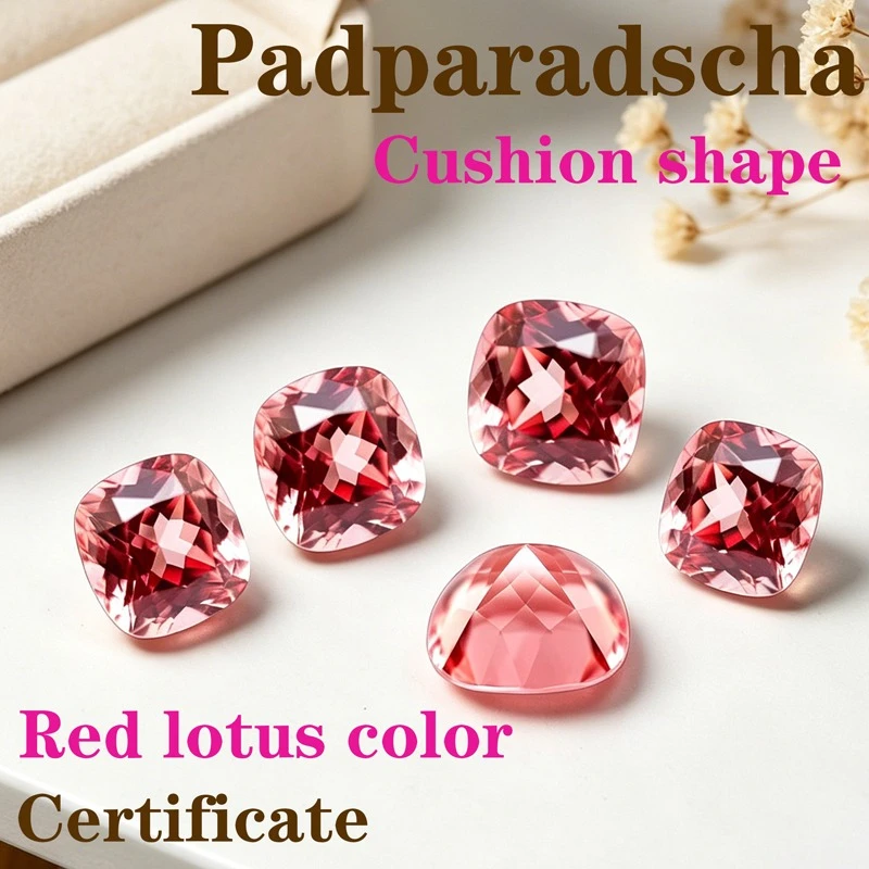 

Artificial Gemstone Padparadscha Red Lotus Color Cushion Shape Factory Outlet Available Certificate
