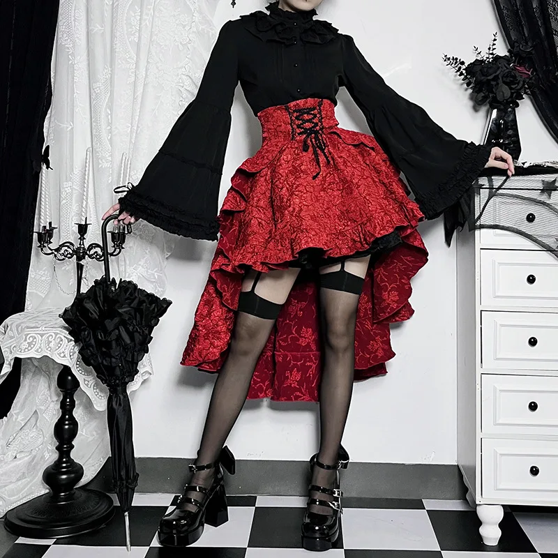 Gothique Sle médiéval rétro asymétrique taille haute jupe loween rouge et Bla taille cintrée Lolita Dr jupe