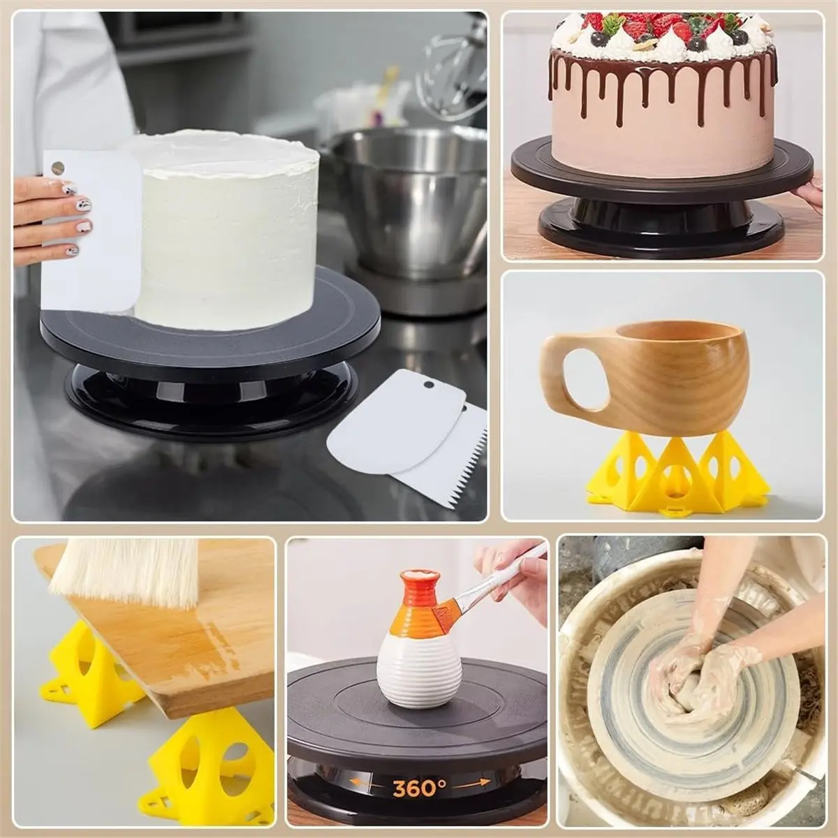 11 Inch Rotate Turntable Sculpting Wheel, with 3Pcs Baking Scraper and 10 Pcs Yellow Stand for Paint Spraying Spinner