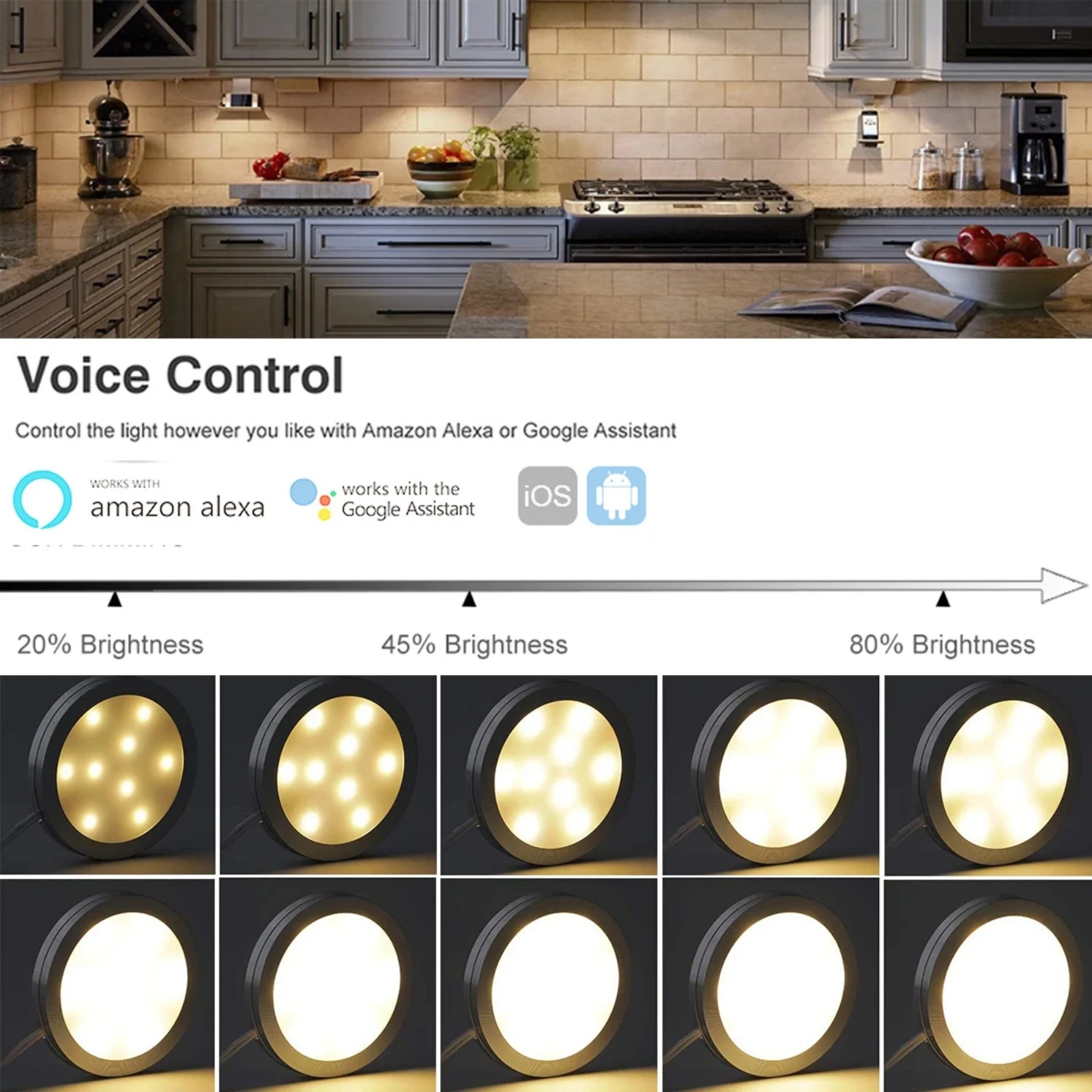 Tuya WIFI Bluetooth Smart LED Under Cabinet Lighting 12V 5W Dimmable Puck Lights Full Kit For Kitchen Closet Wardrobe Bedroom