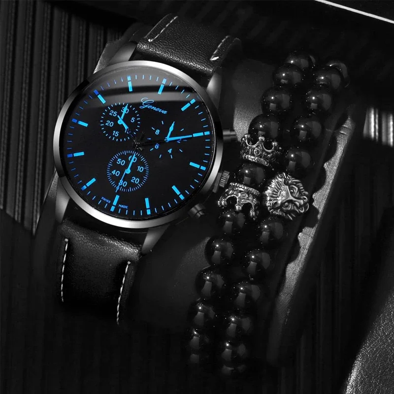 GENEVA Three-Hand Chronograph Men's Watch Business Black Leather Quartz Watch + Woven Bracelet Bullet Necklace Two-Piece Set