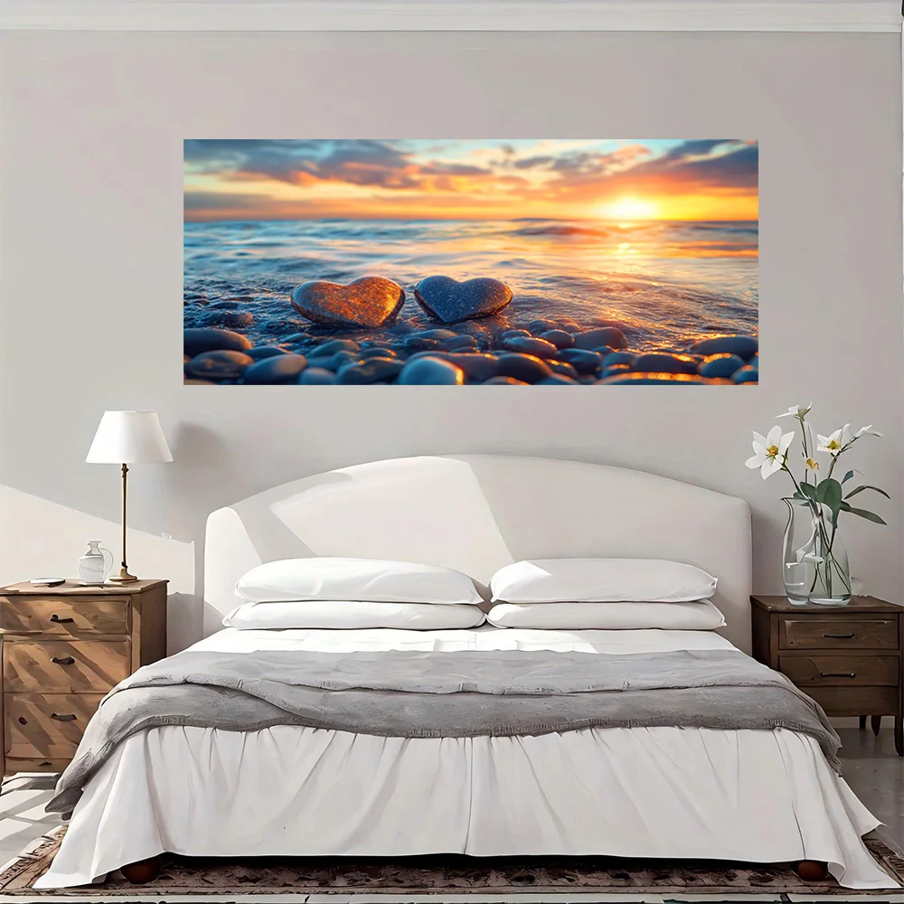 Sunset Heart Stones Beach Decor Frameless  Background Wall Art Canvas Wall Painting Modern Design, Poster, Elegant Home Office D