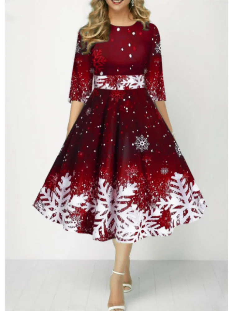 Elegant Women Long Dresses Snowflake Digital Print Midi Dresses Women's Round Neck  Dress Autumn Winter Elegant Christmas Dress