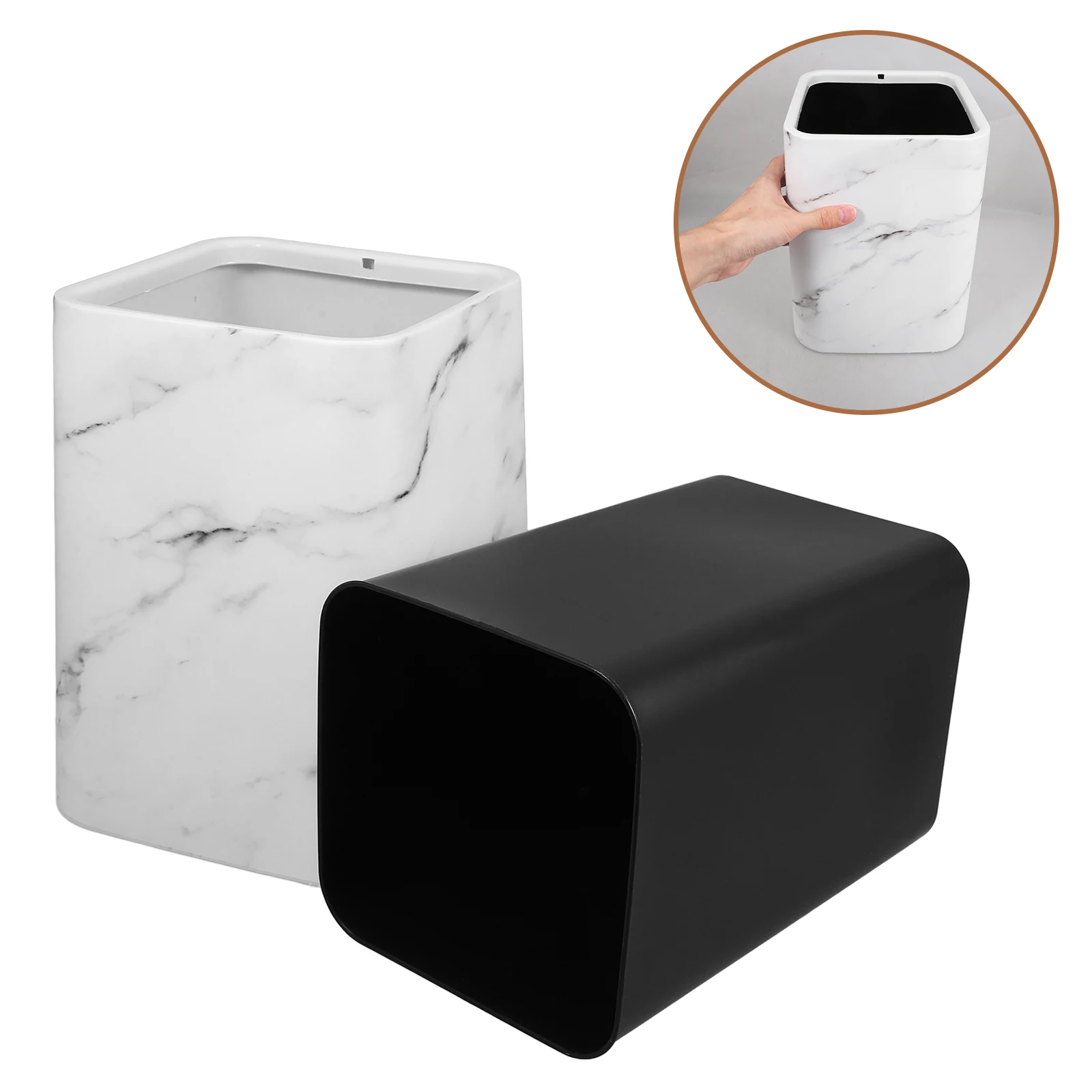 

1pcs Marble Pattern Trash Can Double Layer Design Large Opening Sturdy Pp Material Easy Clean Home Kitchen Office Garbage Bin