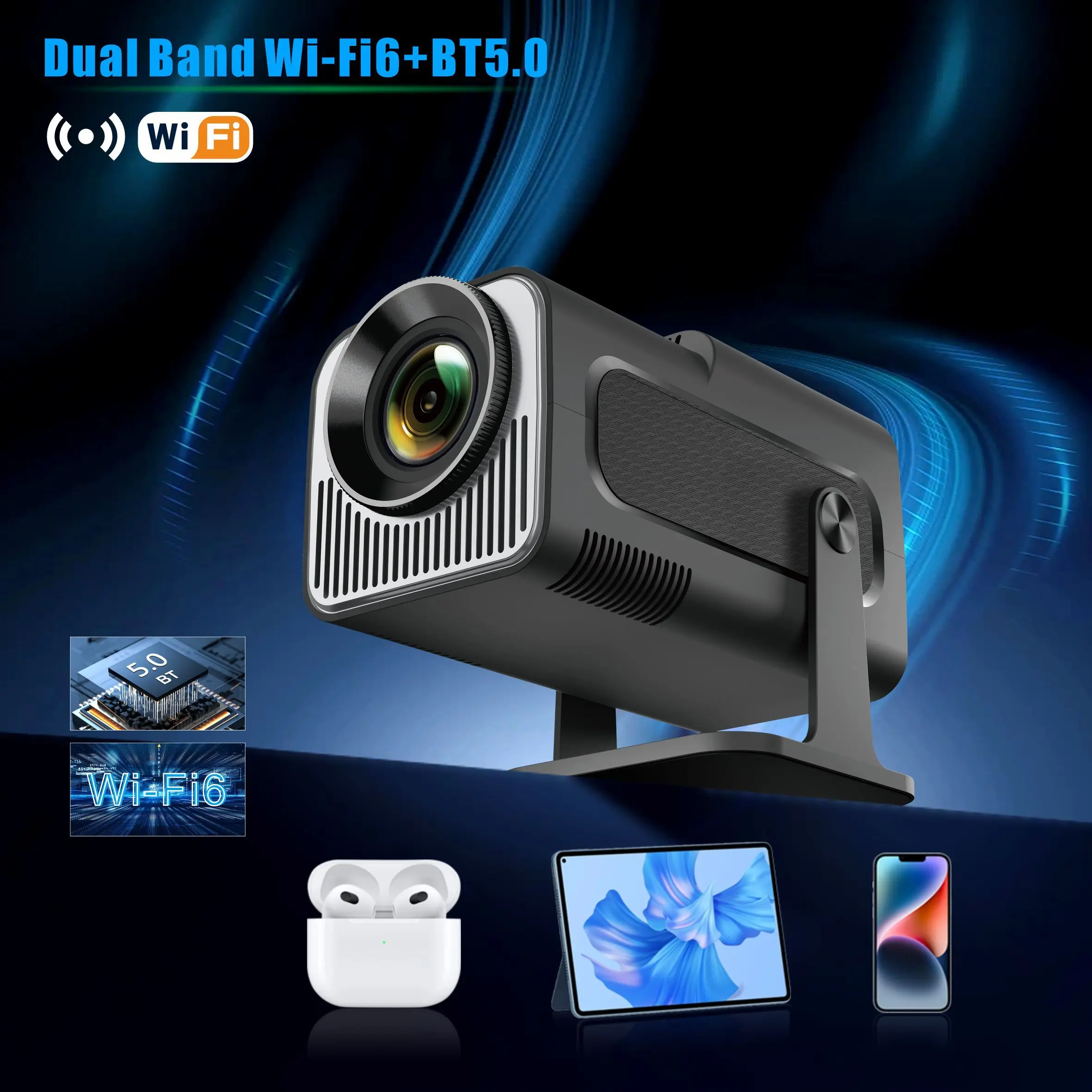 HY320 Mini Newly Native 720P Android 11 4K Projector 300ANSI Wifi6 BT5.0 Cinema Outdoor Portable 180° Rotable Projector