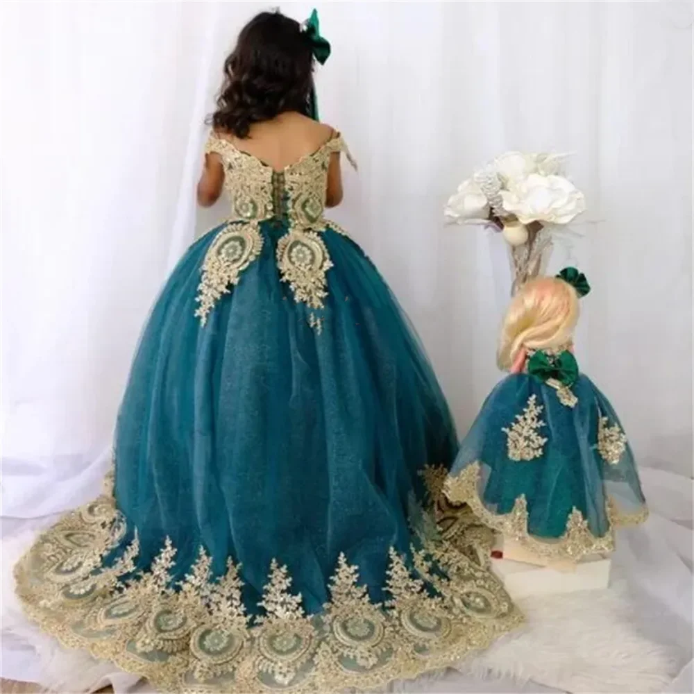 Apliques dorados de lujo para niñas, vestidos de flores sin mangas, vestido de cumpleaños para desfile de bodas, vestido de baile de primera comunión con cuentas para niños