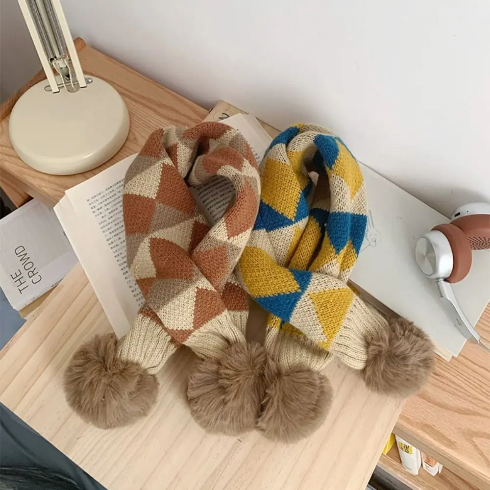Soft Pompon Trim Plaid Knitted Scarf Warm Thicken Fabric Warm Neck Cover Warm Neckerchief Stripe Pattern Winter Knit Scarf