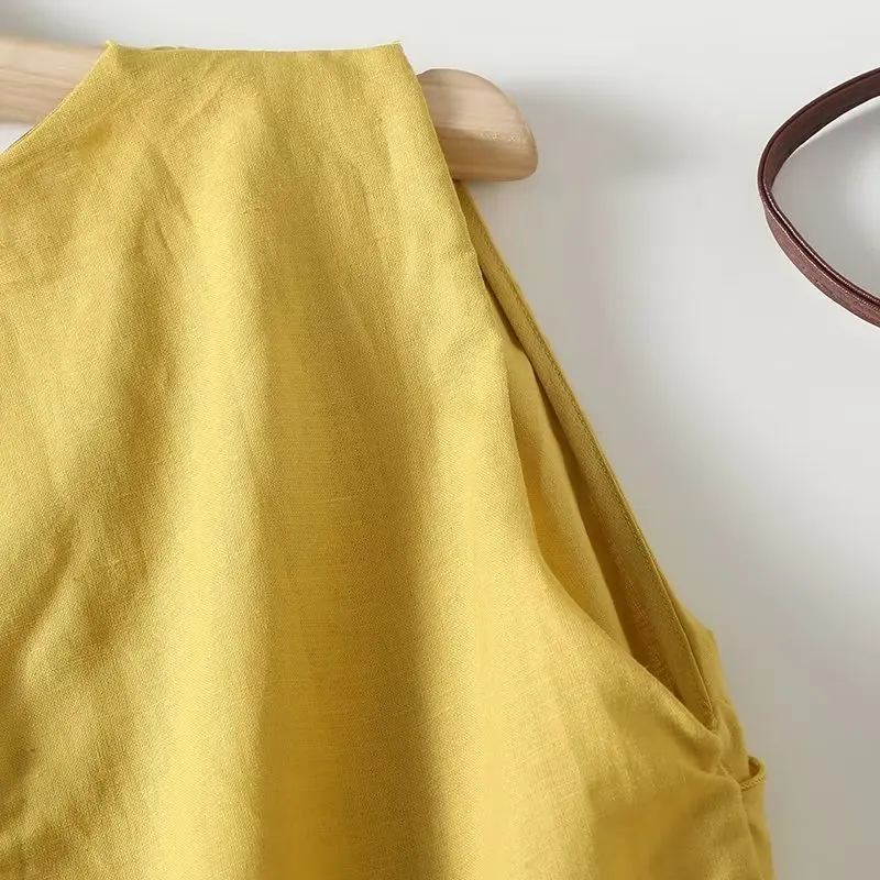 Withered British Ladies Pleated Sleeveless Shirt Cotton Linen Top Fashion Office Comfortable Casual Commuting Summer Shirt Women