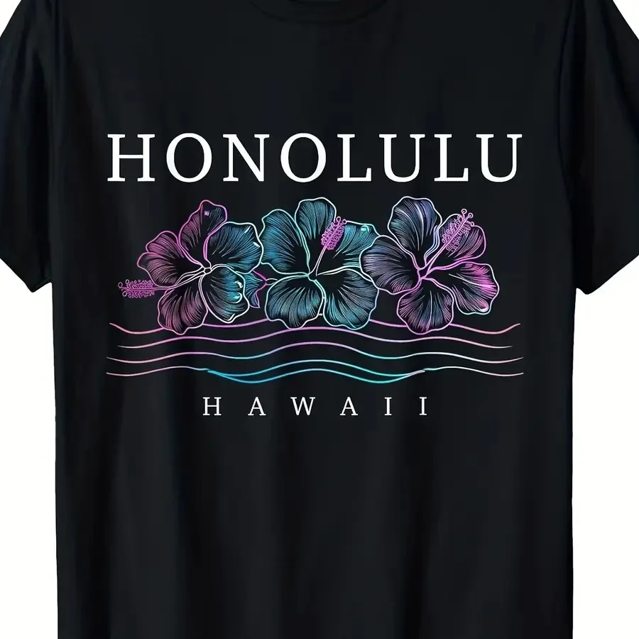 

Men'S and Women'S Hawaiian Hibiscus Flower and Surf Graphic T-Shirt - 220gsm Heavyweight Pure Retro Vintage Tee with Honolulu H