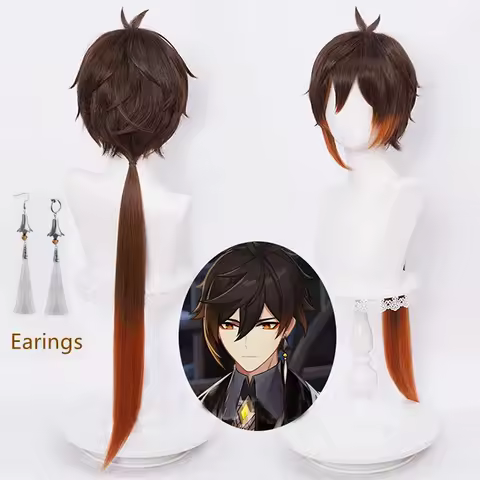 Genshin Impact Zhongli Cosplay Long Christmas Brown Orange Wig Cosplay Anime Wigs Heat Resistant Synthetic Wigs