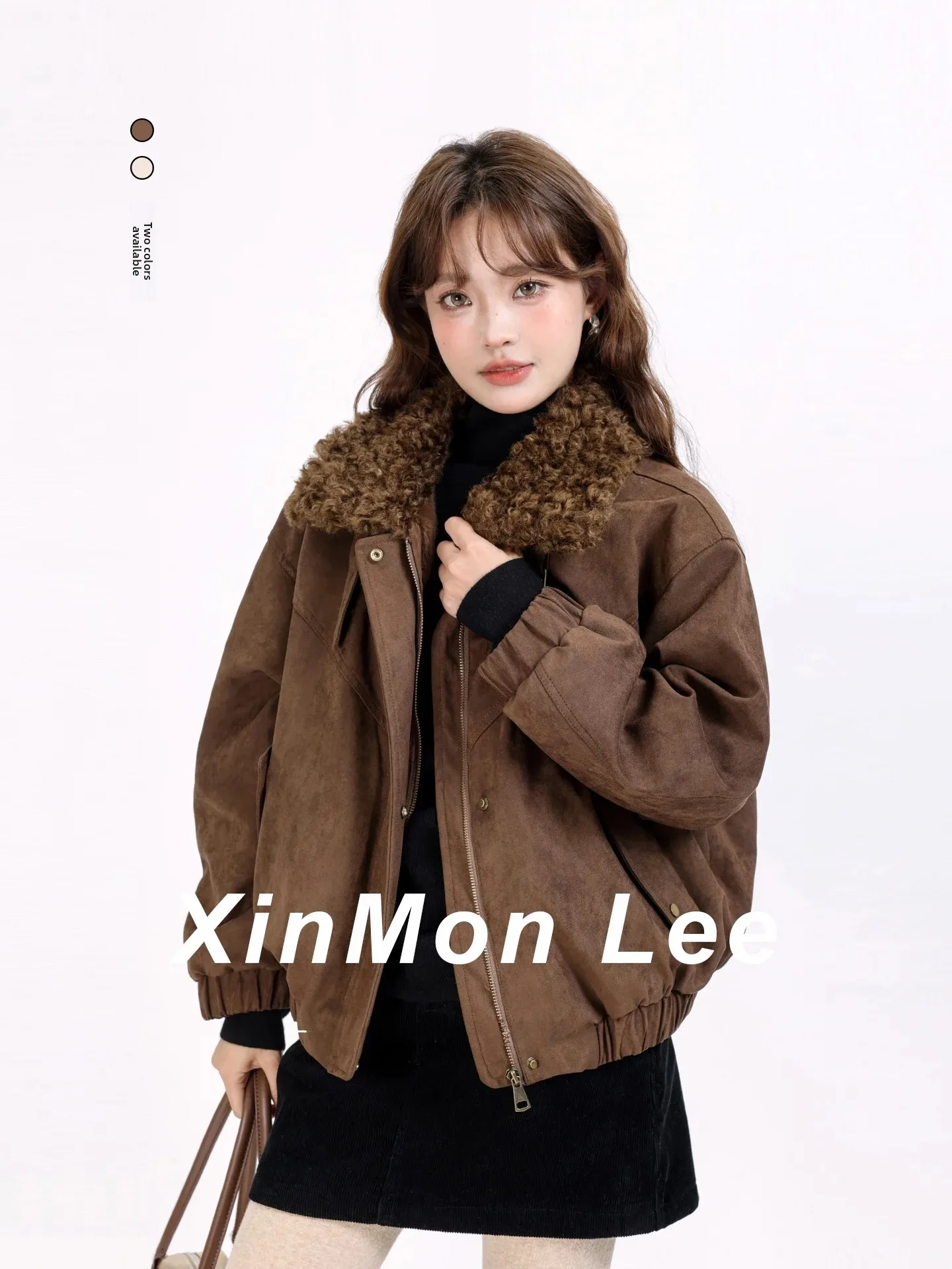 Unique Design Suede Fur Jacket Women's Coffee Collar Zipper Warmth Short Coat American Style Standard Version Fleece Lined