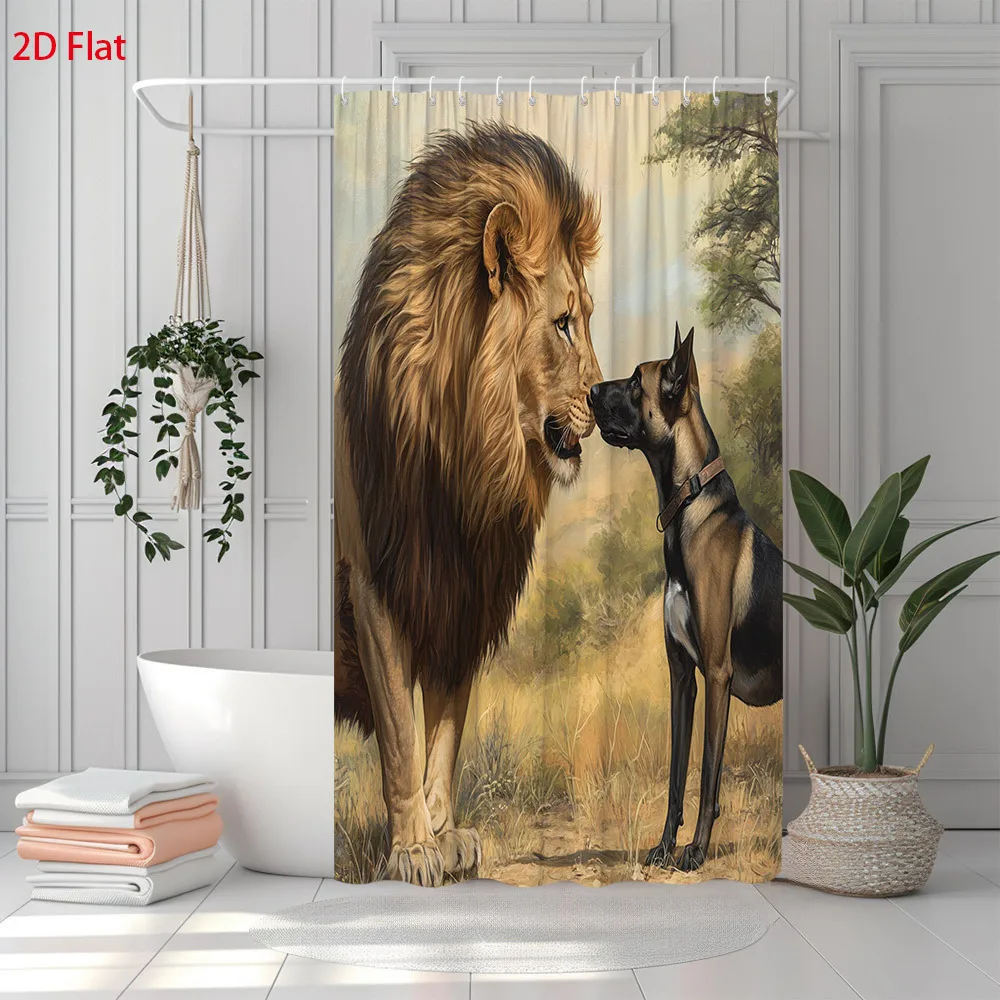 Dramatic Lion and Rottweiler Dog Shower Curtain Waterproof Bathroom Mural Exotic Wildlife Safari Decor Art Print