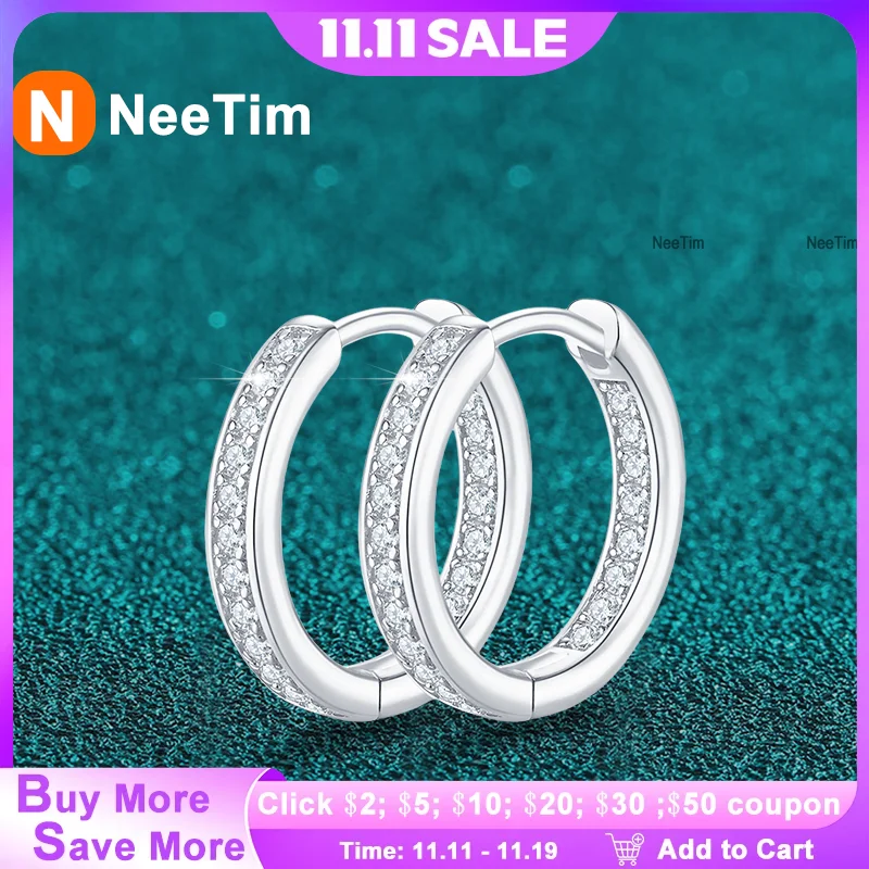 Pendientes de aro NeeTim D Color 1,2mm Moissanite para mujer plata S925 con pendiente de tuerca de boda chapado en oro blanco joyería de moda