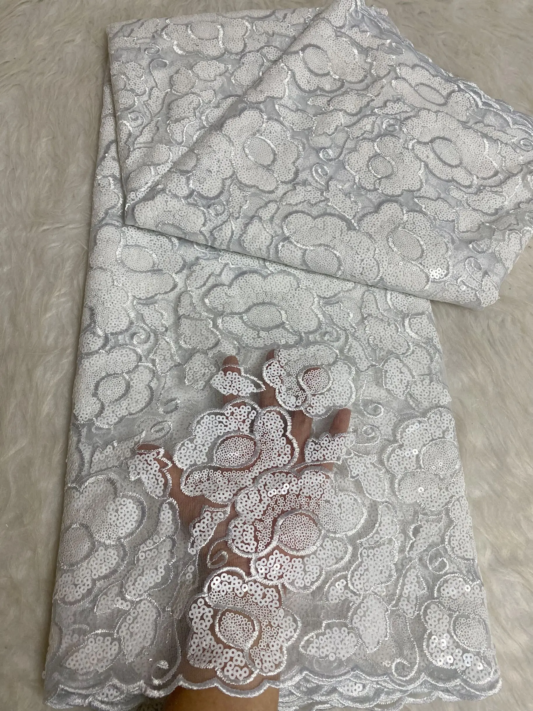 Nigerian Big Flowers Wedding Tulle Lace, African French Net, Double Mesh Fabric with Colorful Small Sequins Sew, High Grade, New