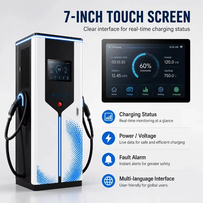 Commercial 60-400kW DC EV Fast Charging Station with Dual Guns 7-Inch Screen IP55 for Parking Lots and Fleets
