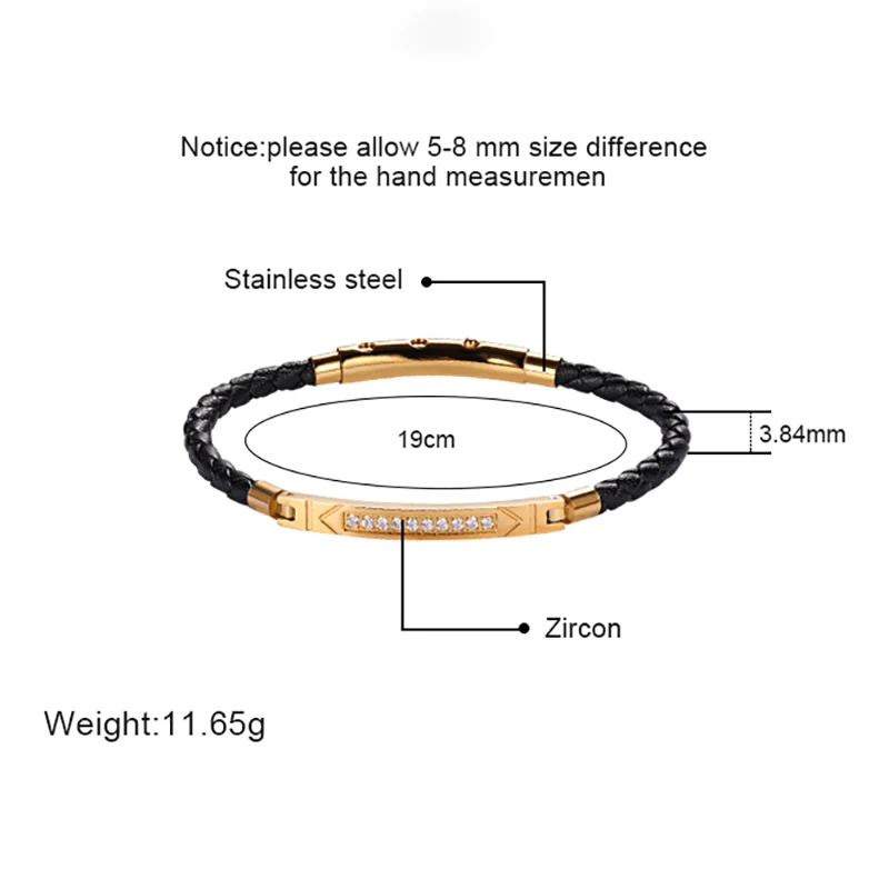 Moocare Fashion Leather with Stainless Steel Bracelet for Men Gold Plated Metal with Black Zircon Wrist ChainChristmas Gift