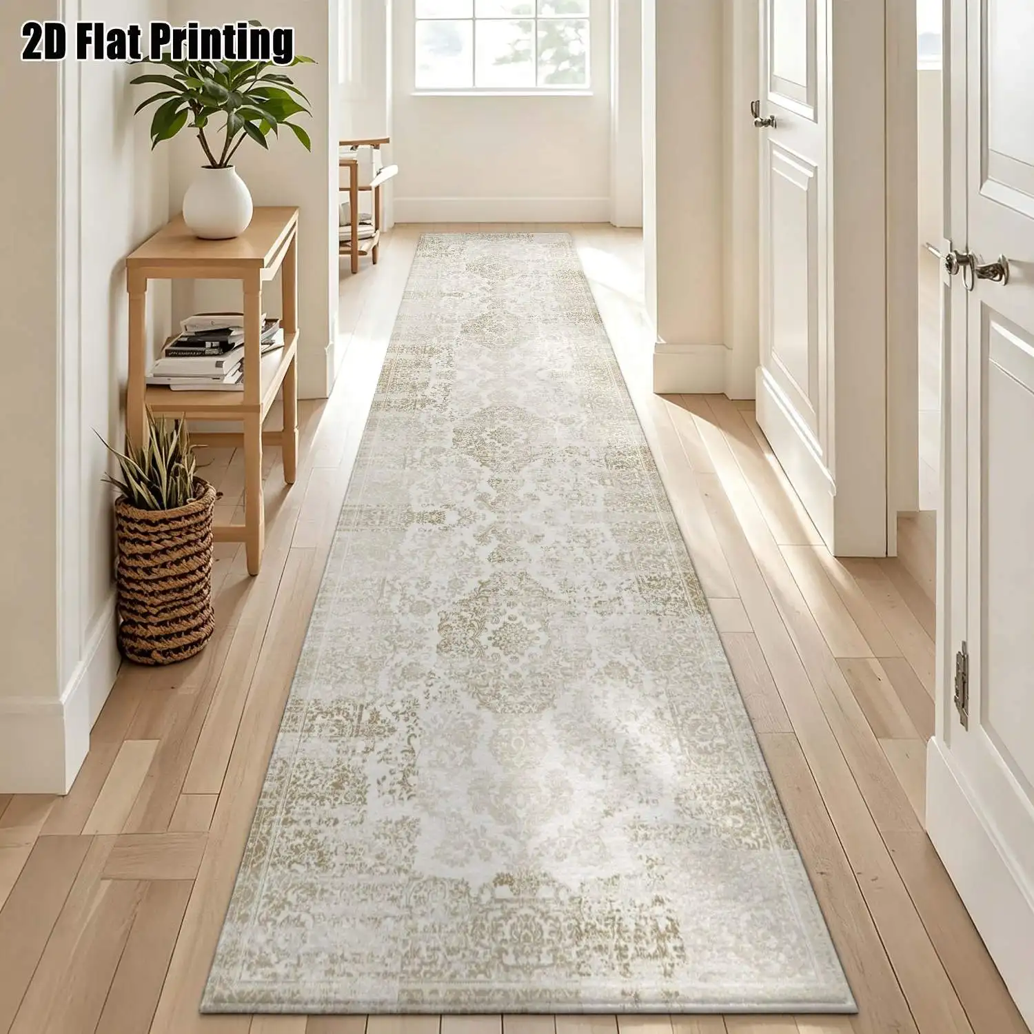 1Pc 2D Printed Strip-Shaped Track Carpet: Beige Geometric Pattern, Vintage European Style, Machine Washable, Multi-Size, Ideal for Home, Entrance, Corridor, Living Room & Bedroom