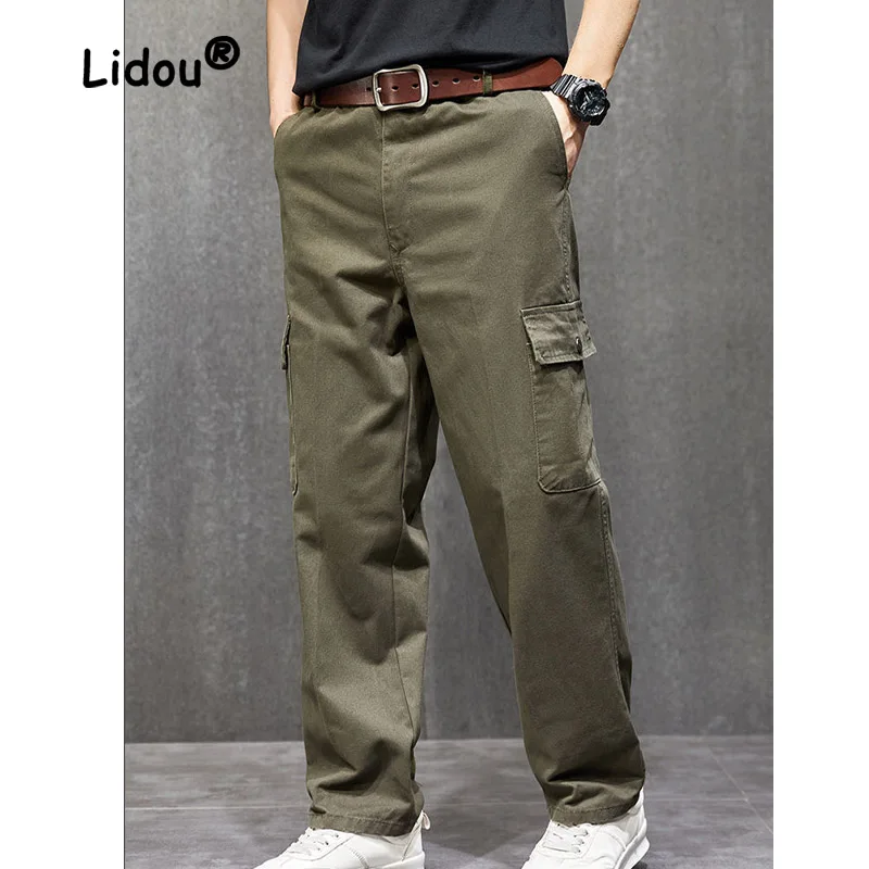 Man Casual Solid Color Multiple Pockets Cargo Pants New High-quality Camouflage Office Youth Loose Straight Cylinder Trousers