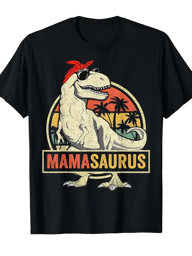 2026 Retro Sunset Palm Dinosaur Graphic Print T‑Shirt Casual Loose Fit Funny Mama Themed Cotton Short Sleeve Gift Tops