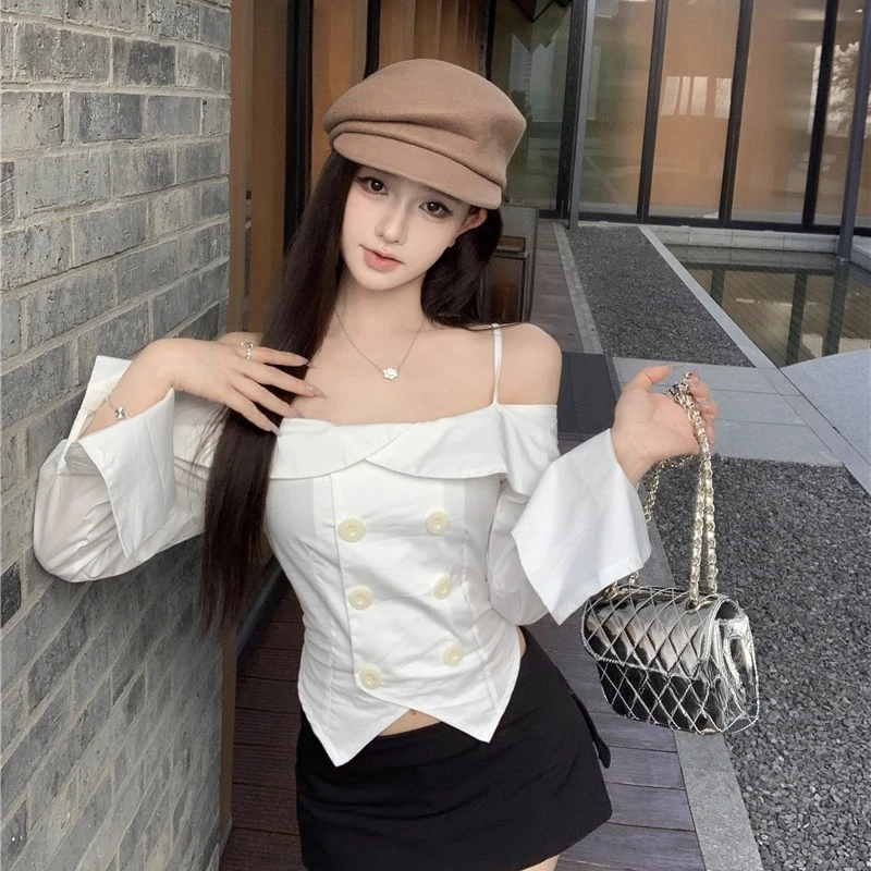 

OCEANLOVE Short Blouses Double Breasted Slash Neck Spring Autumn Women Shirts Korean Fashion Retro Sexy Blusas Mujer