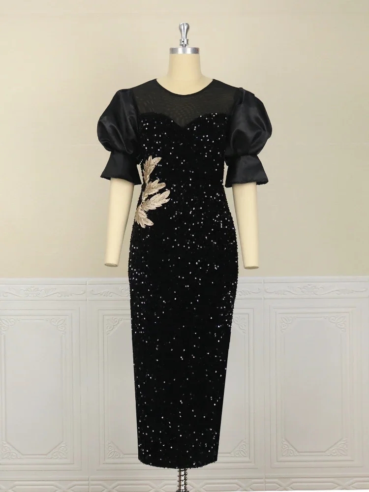 Women Sequined Shiny Black Long Dress Glitter Embroidered Chest Wrapped Puff Sleeve Classy Winter Fall Party Celebrity Gowns New