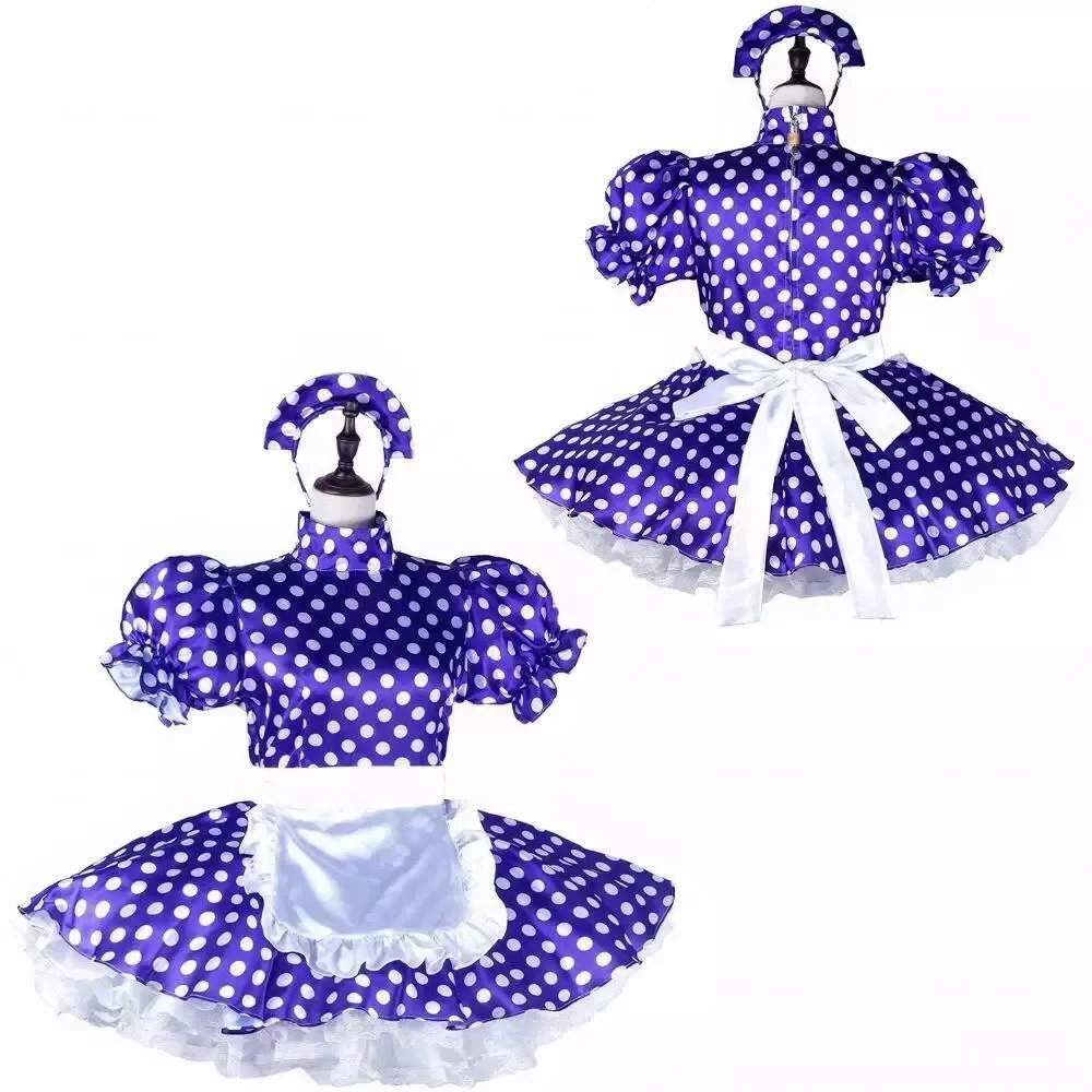 

Sissy girl purple spotted lockable dress, cute French maid cosplay costume tailored for transgender people