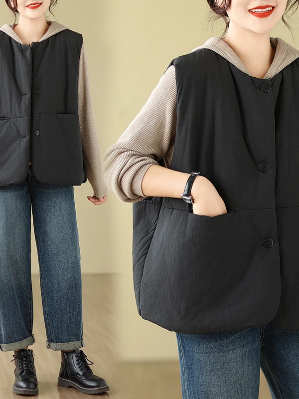 Women's Thickened Cotton Vest Retro Self-Kept Style Mid-Arm Winter Fashion Pure Cotton Sleeveless Tank Top for Ladies