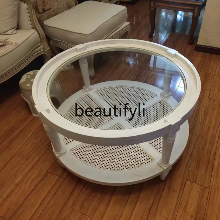 

American Retro Glass Small Table Round Coffee Table Small Apartment Living Room Sofa Side Table