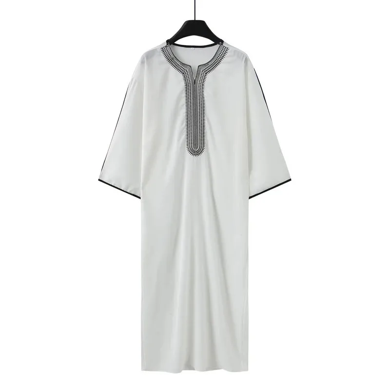 Eid Raya New Islamic Kaftan White Muslim Short Sleeve Embroidered Garment Jubba Thobe