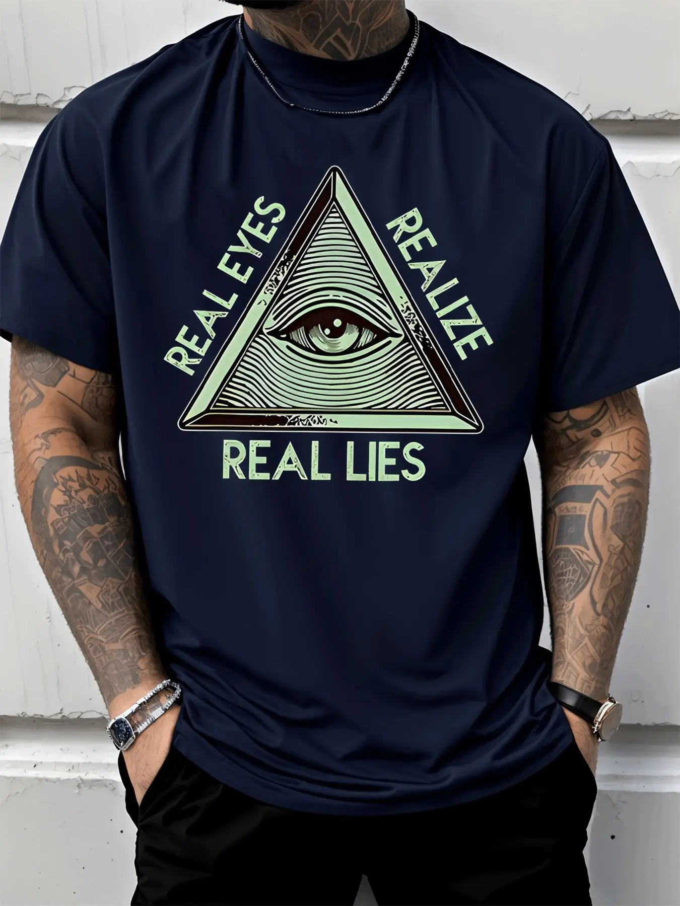 Men'S T-Shirt Casual Street Style Black Short Sleeve with All Seeing Eye Triangle Real Eyes Realize Real Lies Graphic Men'S Fashion for Adults Casual Wear