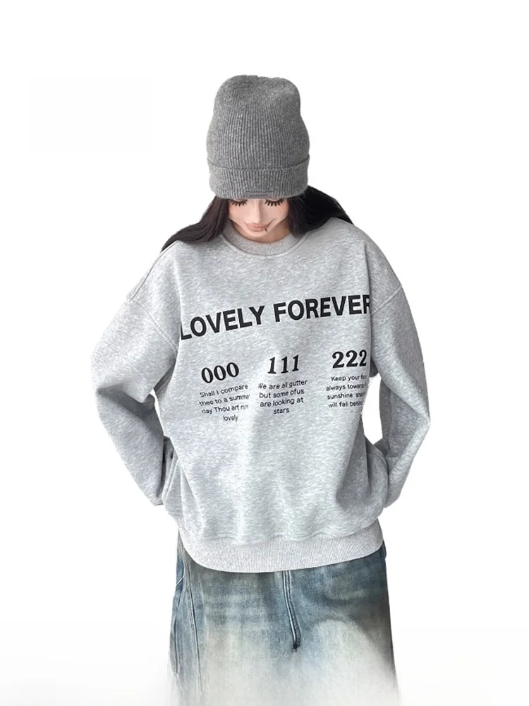 

Grey Fleece Lined Oversized Casual Women's Sweatshirt Korean Style Comfortable Loose Fit Versatile Leisure Top