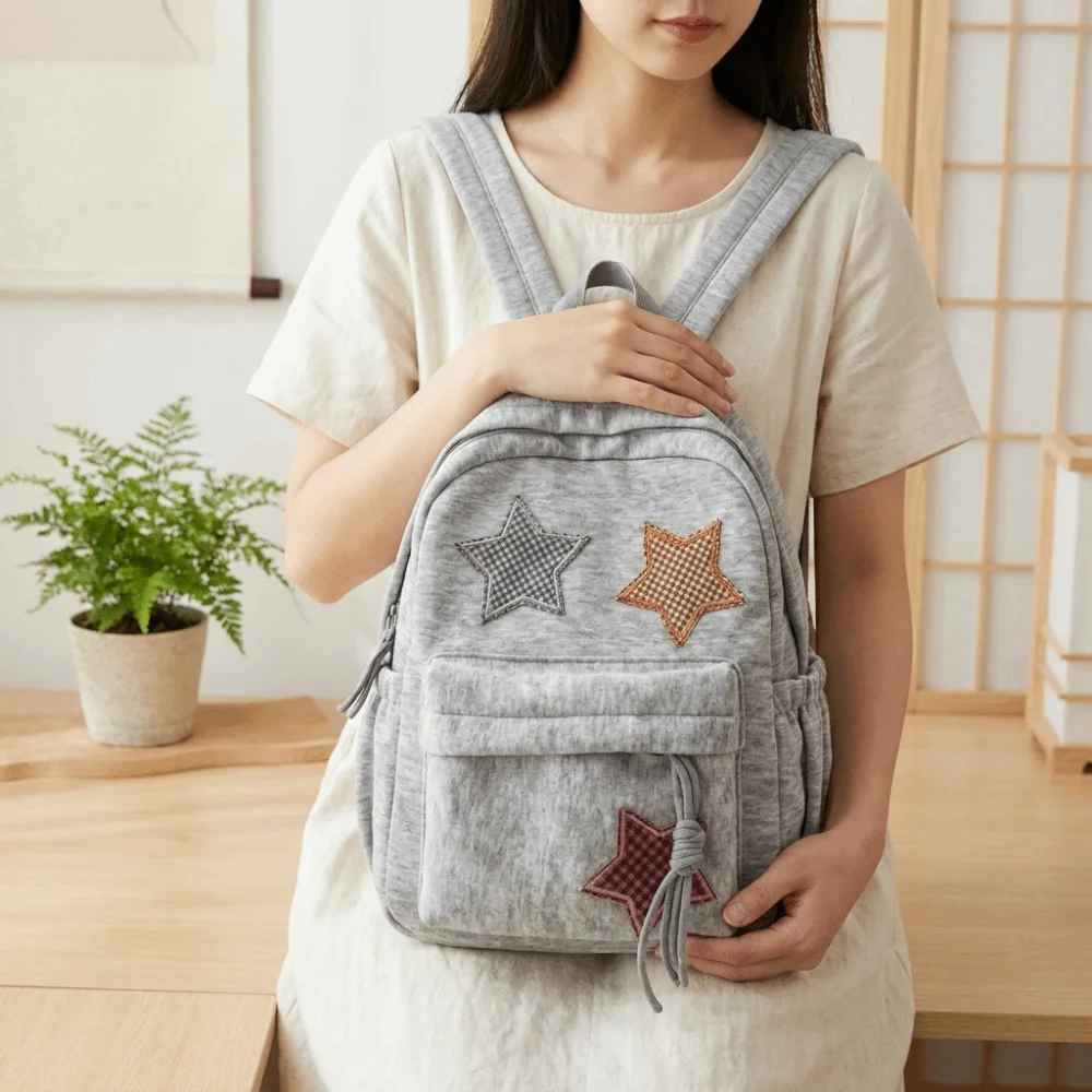 Niedlicher Stern-Cord-Rucksack, leichter, weicher Stoff-Schulrucksack, mehrere Taschen, bunte Reisetasche für die Schule – Detail 8