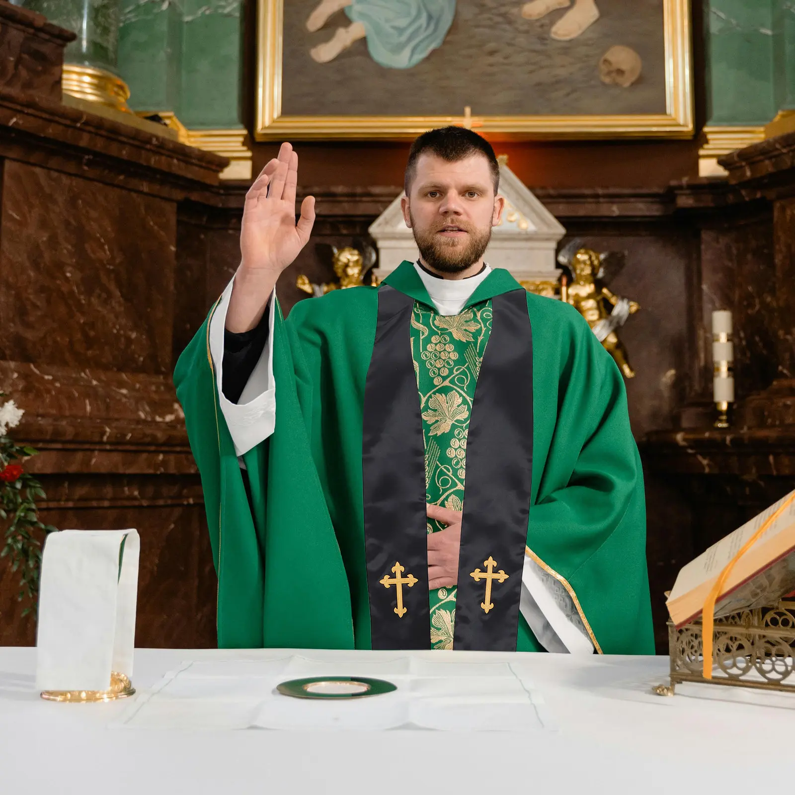 

Reversible Embroidered Clergy Stole with Cross and Tassels for Pastor Priest Church Wedding Ceremony Black White Pastor Priest