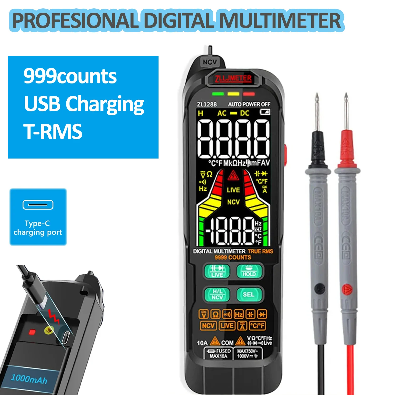 Professional Digital Multimeter Battery/USB Charging AC DC Current Voltage Tester Counts T-RMS Capacitance Auto Range Multimeter