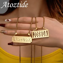 Atoztide Custom Name Necklace for Women Stainless Steel Jewelry Rectangle Pendant Choker Chain Personalized Birthday Gift