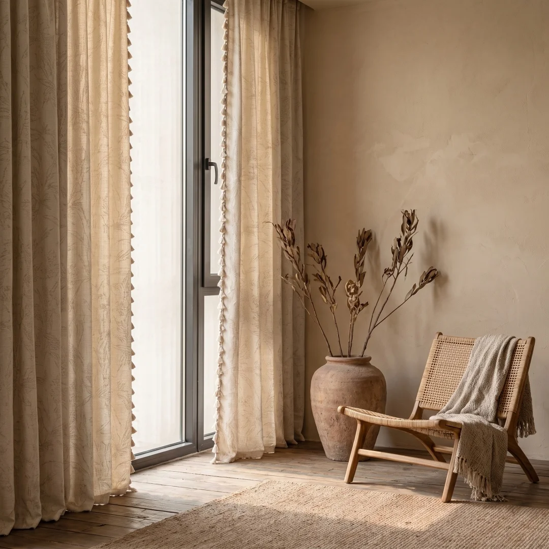 Wabi-Sabi Style Neutral Gray Floral Pattern Blackout Curtains with Decorative Tassel Trim, Suitable for Apartment Bay Windows