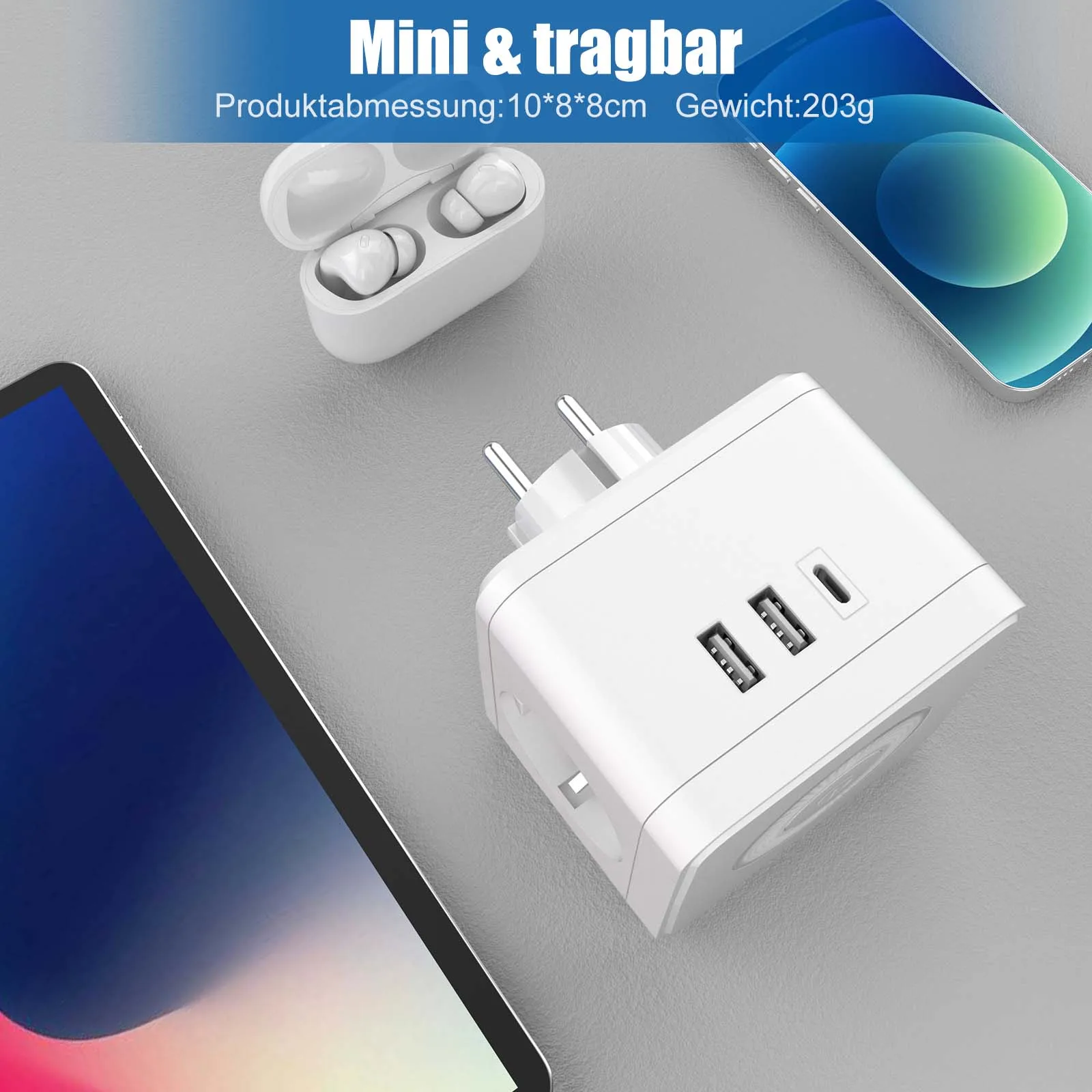 EU Power Strip Cube Multi Plug with 2 USB-A Type C Electrical Outlet Wall Socket with Night Light 3680W for Home Office