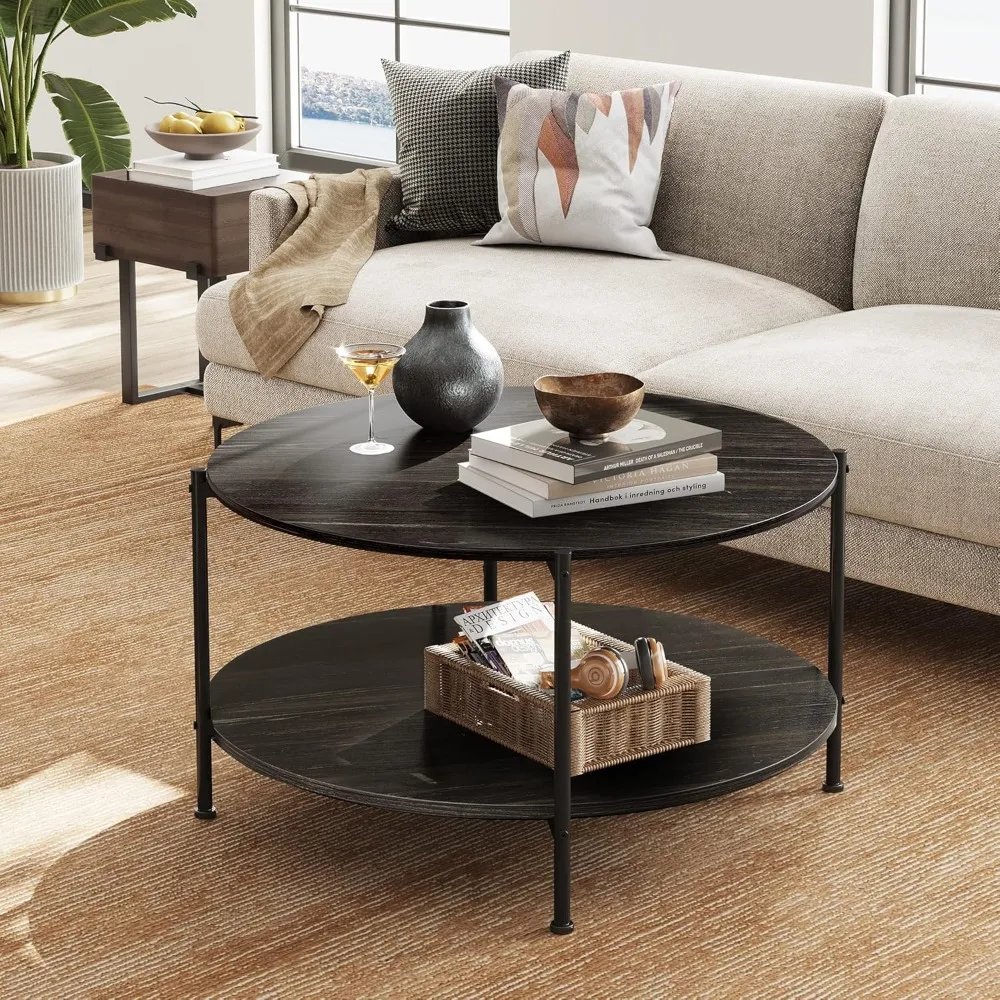 Industrial Style 2-Tier Round Coffee Table with Open Storage Shelf for Living Room, 32.6 Small Space-Saving Wooden Centerpiece