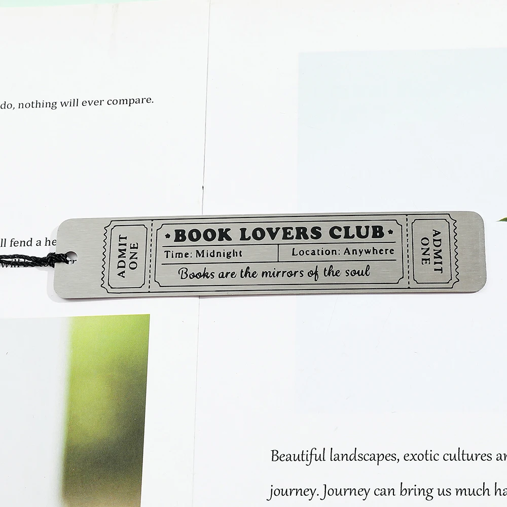 스테인리스 스틸 '책 애호가 클럽' 북마크 블랙 태슬 포함 - 티켓 스타일 디자인, 책 애호가 및 선물용