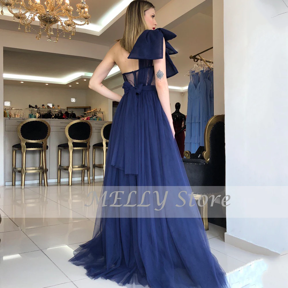 Blue Evening Dresses หนึ่งไหล่แขนกุด Vestidos De Fiesta Elegantes Para Mujer 2023เซ็กซี่ A-Line Sweep Train ชุดเดรสปาร์ตี้