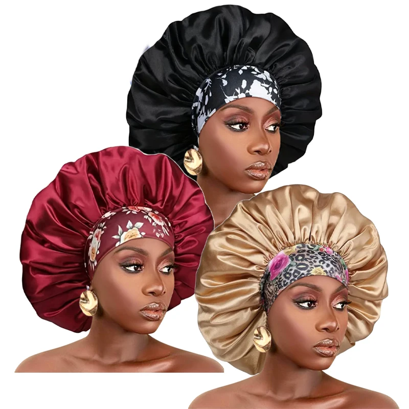 3PCS/LOT Extra Large Satin Sleep Caps For Women Hair Bonnets for Sleeping Braids Curly Night Cap Bath Shower Cap Accessories