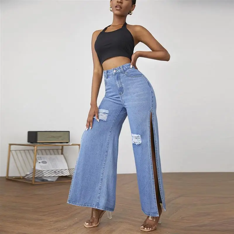 

Traceable ZT6004 Women's Jeans High Waist Wide Leg Long Pants Hole Punching Cross-Border Denim Skirts for Young Ladies